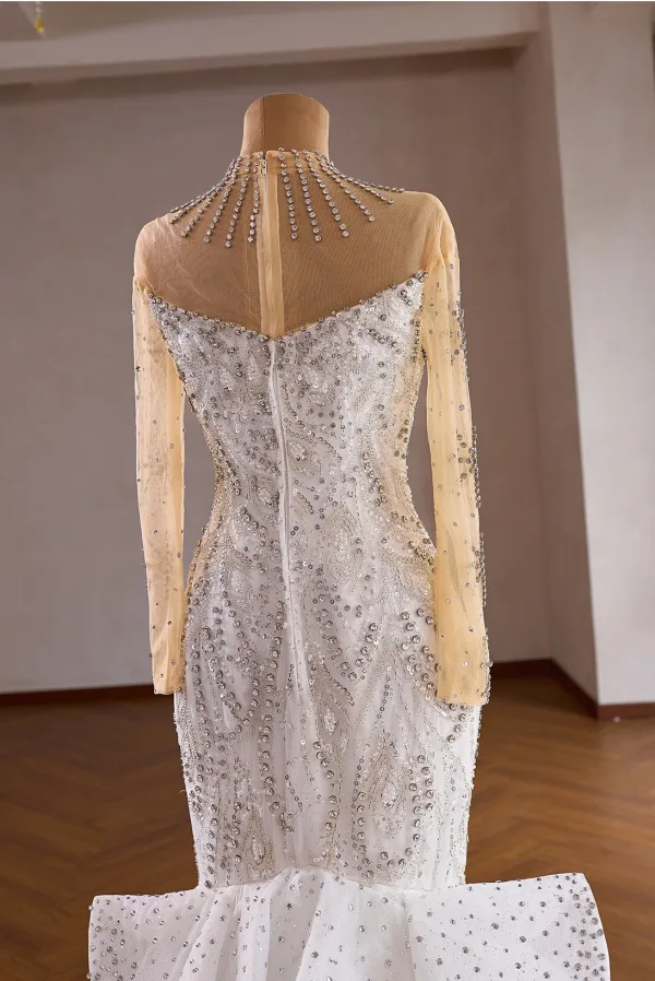 Luxury / Gorgeous White Handmade  Beading Pearl Rhinestone Sequins Wedding Dresses 2026 Trumpet / Mermaid Scoop Neck Long Sleeve Backless Chapel Train