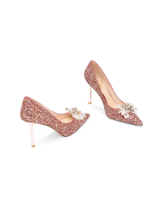 Bling Bling Rouge Paillettes Chaussure De Mariée 2026 Cuir 8 cm Talons Aiguilles À Bout Pointu Mariage Escarpins