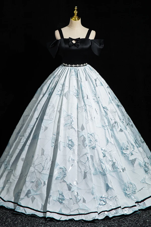 Elegant Black Printing Rhinestone Prom Dresses 2023 Ball Gown Spaghetti Straps Bow Short Sleeve Backless Floor-Length / Long Formal Dresses
