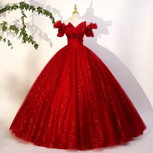 Élégant Rouge Perlage Paillettes Noeud Robe De Bal 2023 Robe Boule De L Épaule Manches Courtes Dos Nu Longue Promo Robe De Ceremonie