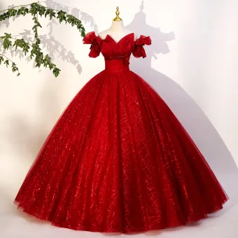 Elegant Red Beading Sequins Bow Prom Dresses 2023 Ball Gown Off The Shoulder Short Sleeve Backless Floor Length Long Prom Formal Dresses