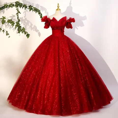 Elegantes Rojo Rebordear Lentejuelas Bowknot Vestidos de gala 2023 Ball Gown Fuera Del Hombro Manga Corta Sin Espalda Largos Gala Vestidos Formales