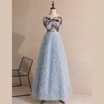 Charming Sky Blue Tassel Prom Dresses 2023 A Line Princess Strapless Bow Sleeveless Backless Floor Length Long Prom Formal Dresses