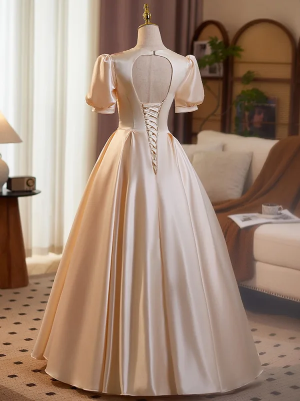 Elegant Champagne Sequins Satin Prom Dresses 2025 Ball Gown V-Neck Short Sleeve Backless Floor-Length / Long Prom Formal Dresses