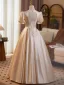 Elegant Champagne Sequins Satin Prom Dresses 2025 Ball Gown V-Neck Short Sleeve Backless Floor-Length / Long Prom Formal Dresses
