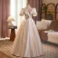 Elegant Champagne Sequins Satin Prom Dresses 2025 Ball Gown V-Neck Short Sleeve Backless Floor-Length / Long Prom Formal Dresses