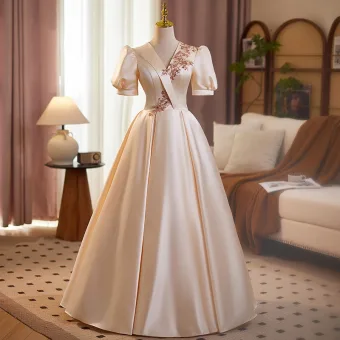 Elegantes Champán Lentejuelas Satén Vestidos De Gala 2025 Ball Gown V Cuello Manga Corta Sin Espalda Largos Gala Vestidos Formales