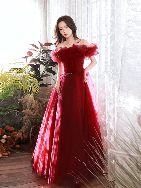 Charming Burgundy Pearl Sash Prom Dresses 2023 A-Line / Princess Ruffle Off-The-Shoulder Sleeveless Backless Floor-Length / Long Formal Dresses