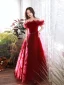 Charming Burgundy Pearl Sash Prom Dresses 2023 A-Line / Princess Ruffle Off-The-Shoulder Sleeveless Backless Floor-Length / Long Formal Dresses