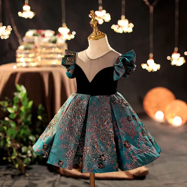 Vintage / Retro Dark Green Sequins Embroidered Prom Flower Girl Dresses 2022 A-Line / Princess Scoop Neck Satin Short Sleeve Short Flower Girl Dresses