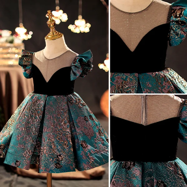 Vintage / Retro Dark Green Sequins Embroidered Prom Flower Girl Dresses 2022 A-Line / Princess Scoop Neck Satin Short Sleeve Short Flower Girl Dresses
