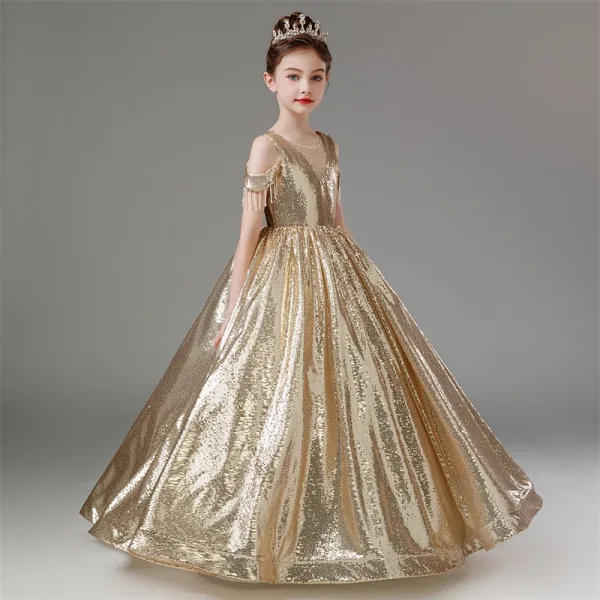 Glitzernden Gold Pailletten Geburtstag Lange Blumenmädchenkleider 2024 Ballkleid Rundhalsausschnitt Kurze Ärmel Rückenfreies