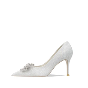 Glittrande Mode Silver Rhinestone Rosett Brudskor 2022 Läder Paljetter 8 Cm Stilettklackar Spetsiga Bröllop Pumps Högklackade