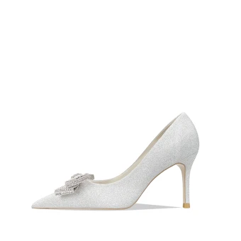 Scintillantes Mode Argenté Faux Diamant Noeud Chaussure De Mariée 2022 Cuir Paillettes 8 Cm Talons Aiguilles À Bout Pointu Mariage Escarpins Talons Hauts