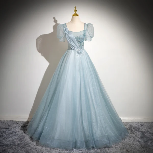 Elegant Sky Blue Beading Prom Dresses 2024 Ball Gown Square Neckline Short Sleeve Backless Floor-Length / Long Prom Formal Dresses
