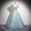 Elegant Sky Blue Beading Prom Dresses 2024 Ball Gown Square Neckline Short Sleeve Backless Floor-Length / Long Prom Formal Dresses