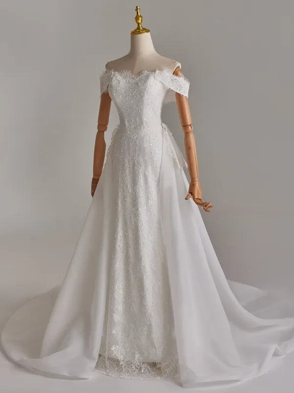 Elegant White Pearl Lace Flower Detachable Sweep Train Wedding Dresses 2025 Trumpet / Mermaid Off-The-Shoulder Sleeveless Backless