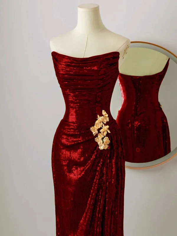 Sparkly Burgundy Sequins Evening Dresses 2024 Trumpet / Mermaid Strapless Sleeveless Backless Evening Party Floor-Length / Long Formal Dresses