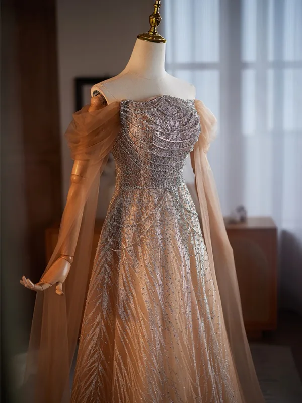 Sparkly Champagne Beading Sequins Prom Dresses 2025 A-Line / Princess Off-The-Shoulder Short Sleeve Backless Floor-Length / Long Prom Formal Dresses