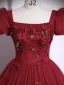 Modest / Simple Burgundy Appliques Prom Dresses 2025 Ball Gown Square Neckline Puffy Short Sleeve Backless Floor-Length / Long Formal Dresses
