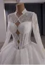 Luxury / Gorgeous White Beading Pearl Sequins Lace Flower Wedding Dresses 2025 Ball Gown High Neck Long Sleeve Backless Court Train