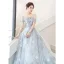 Flower Fairy Sky Blue Appliques Prom Dresses 2023 A-Line / Princess Off-The-Shoulder Short Sleeve Backless Floor-Length / Long Prom Formal Dresses