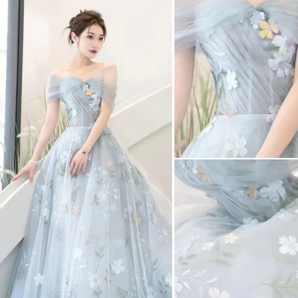 Flower Fairy Sky Blue Appliques Prom Dresses 2023 A-Line / Princess Off-The-Shoulder Short Sleeve Backless Floor-Length / Long Prom Formal Dresses