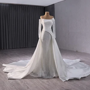 Haut De Gamme Blanche Fait Main Perlage Paillettes Robe De Mariée 2024 Trompette Sirène De L Épaule Manches Longues Dos Nu Chapel Train Mariage