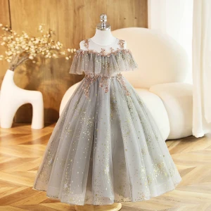 Charming Grey Beading Sequins Birthday Flower Girl Dresses 2023 Ball Gown Off The Shoulder Short Sleeve Backless Floor Length Long Flower Girl Dresses