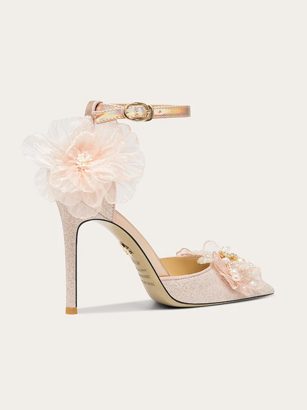 Sexy Rougissant Rose Glitter Perle Faux Diamant Appliques Promo Sandales Femme 2024 Cuir Bride Cheville 10 cm Talons Aiguilles À Bout Pointu Sandales Talons Hauts