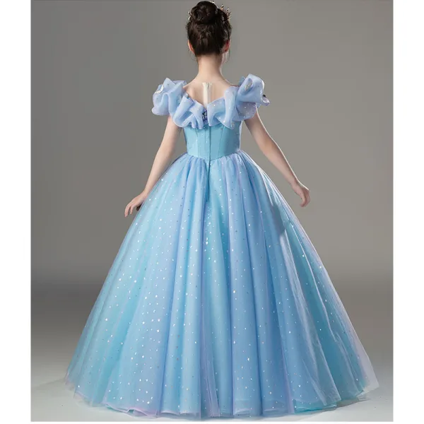 Cinderella Charming Pool Blue Star Sequins Flower Girl Dresses 2022 Ball Gown Scoop Neck Lace Butterfly Short Sleeve Floor-Length / Long Flower Girl Dresses