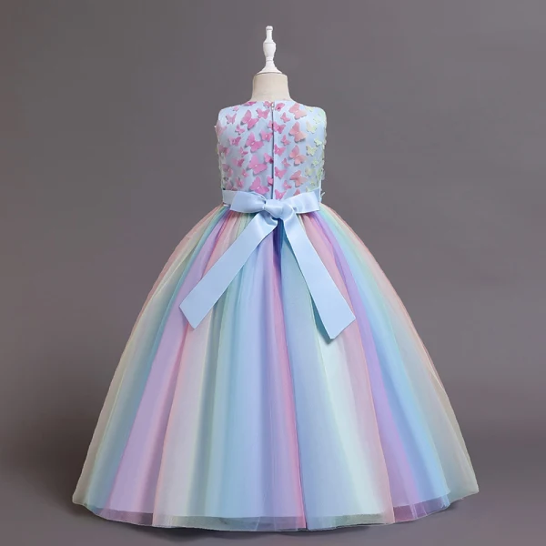 Chic / Beautiful Blushing Pink Butterfly Appliques Rainbow Birthday Flower Girl Dresses 2024 Ball Gown Scoop Neck Sleeveless Bow Sash Floor-Length / Long