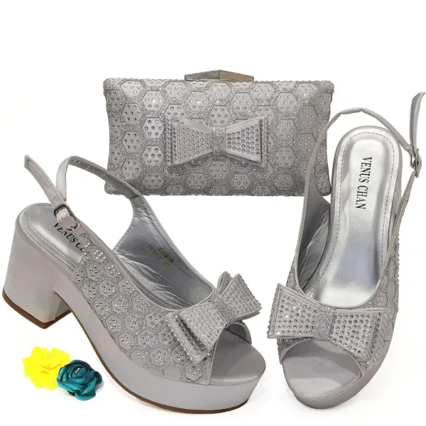 Chic / Beautiful Black Rhinestone Bow Womens Sandals Clutch Bags 2023 Evening Party 7 cm Thick Heels Open / Peep Toe Sandals High Heels Clutch Bags