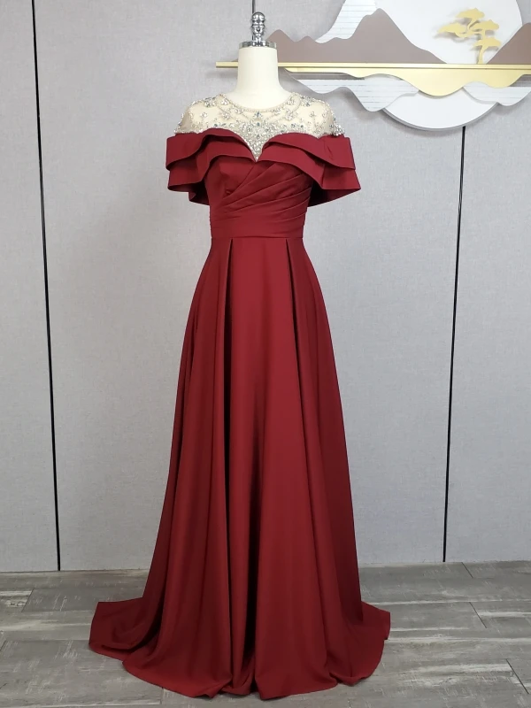 Vintage / Retro Navy Blue Beading Sequins Rhinestone Prom Dresses 2024 A-Line / Princess Scoop Neck Short Sleeve Sweep Train Prom Formal Dresses