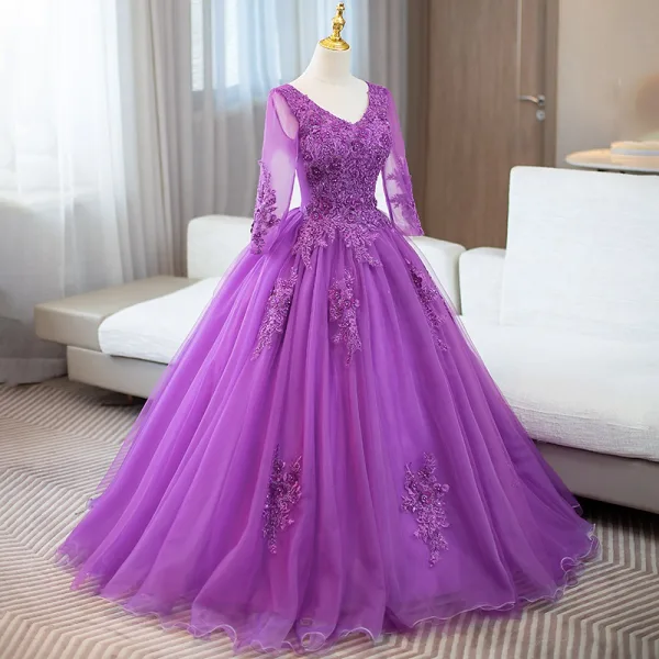 Vintage / Retro Red Sequins Lace Flower Appliques Prom Dresses 2024 Ball Gown V-Neck Long Sleeve Backless Floor-Length / Long Prom Formal Dresses