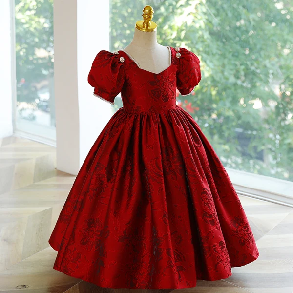 Élégant Bordeaux Anniversaire Perle Satin Impression Robe Ceremonie Fille 2023 Robe Boule Encolure Carrée Gonflée Manches Courtes Dos Nu Longue Robe Ceremonie Fille
