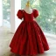 Élégant Bordeaux Anniversaire Perle Satin Impression Robe Ceremonie Fille 2023 Robe Boule Encolure Carrée Gonflée Manches Courtes Dos Nu Longue Robe Ceremonie Fille