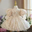 Sparkly Champagne Pearl Sequins Birthday Flower Girl Dresses 2022 Ball Gown High Neck Puffy Short Sleeve Tea-length Flower Girl Dresses