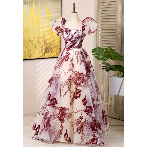 Chic / Beautiful Burgundy Printing Prom Dresses 2024 A-Line / Princess Square Neckline Puffy Short Sleeve Backless Floor-Length / Long Prom Formal Dresses