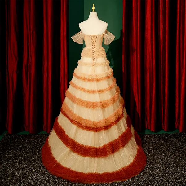 Haut de Gamme Champagne Plissée Robe De Soirée 2023 Princesse Encolure Carrée Manches Courtes Dos Nu Longue Promo Robe De Ceremonie