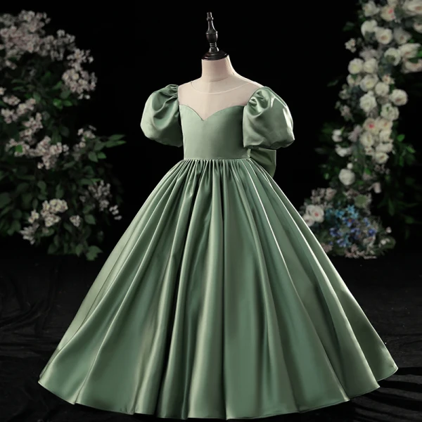 Schöne Grün Blumenmädchenkleider 2022 Ballkleid Rundhalsausschnitt Geschwollenes Kurze Ärmel Rückenfreies Schleife Lange Satin Ball Blumenmädchenkleider