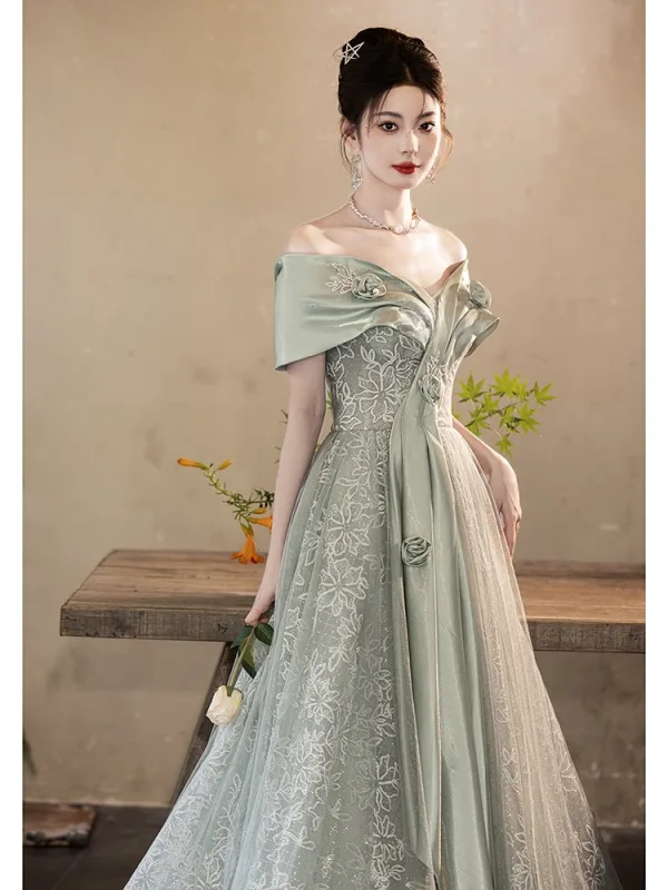 Chic / Beautiful Sage Green Printing Sequins Prom Dresses 2024 A-Line / Princess Off-The-Shoulder Short Sleeve Backless Floor-Length / Long Prom Formal Dresses