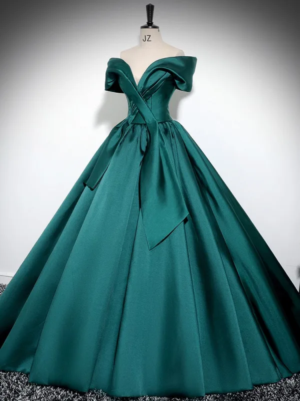 Elegant Dark Green Satin Prom Dresses 2024 Ball Gown Off-The-Shoulder Short Sleeve Long