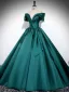 Elegant Dark Green Satin Prom Dresses 2024 Ball Gown Off-The-Shoulder Short Sleeve Backless Floor-Length / Long Prom Formal Dresses