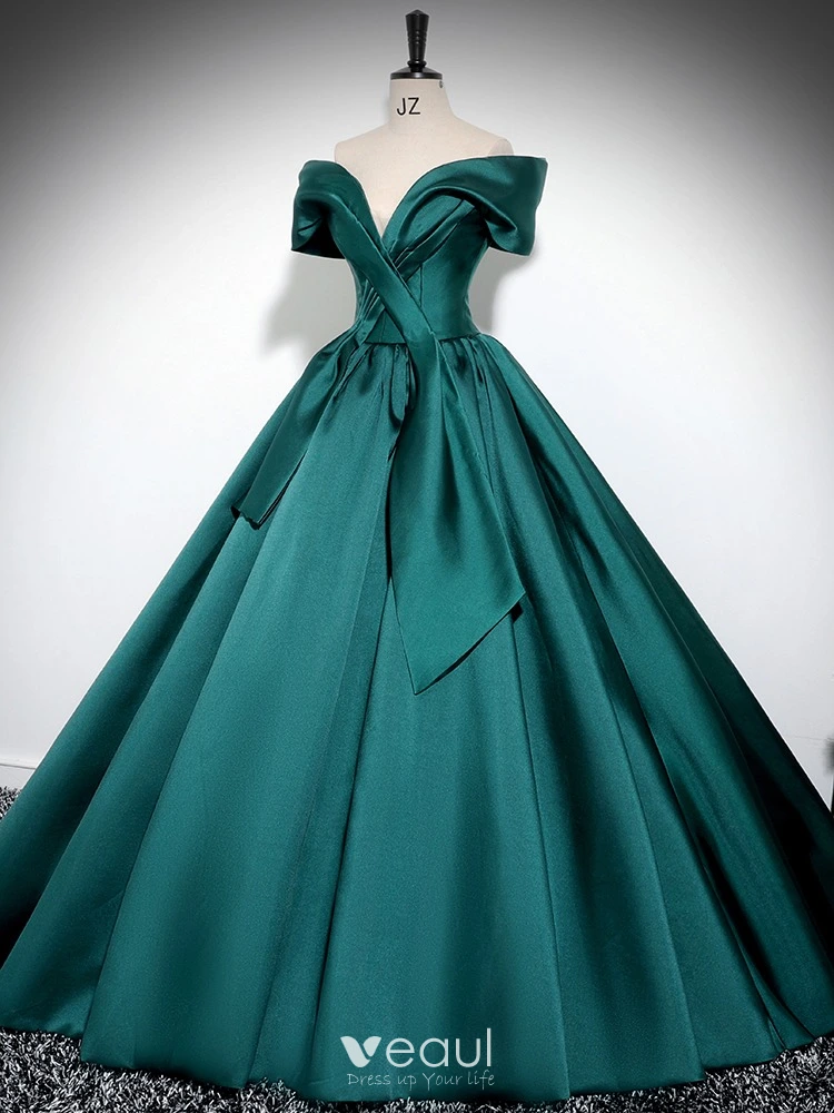 Elegant Dark Green Satin Prom Dresses 2024 Ball Gown Off-The-Shoulder Short  Sleeve Backless Floor-Length / Long Prom Formal Dresses
