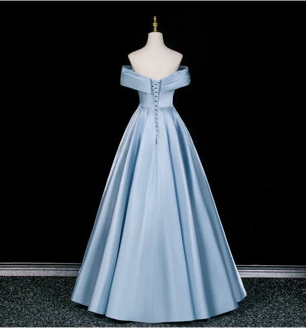 Elegante Himmelblau Satin Ballkleider 2026 A Linie Off Shoulder Ärmellos Rückenfreies Lange Ball Festliche Kleider