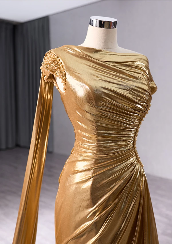 Fashion Gold Split Front Prom Dresses 2024 Trumpet / Mermaid One-Shoulder Short Sleeve Backless Floor-Length / Fashion Gold Split Front Prom Dresses 2024 Trumpet / Mermaid One-Shoulder Short Sleeve Backless Floor-Length /