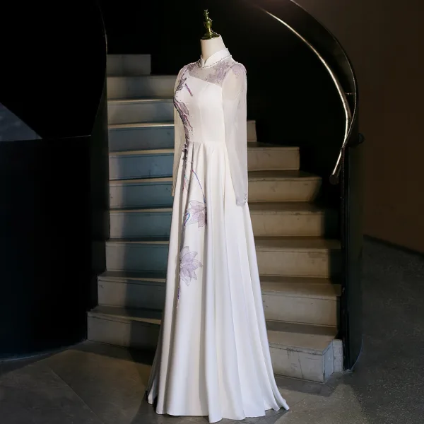 Vintage / Retro Ethnic White Beading Pearl Rhinestone Sequins Prom Dresses 2026 A-Line / Princess High Neck Long Sleeve Floor-Length / Long Formal Dresses