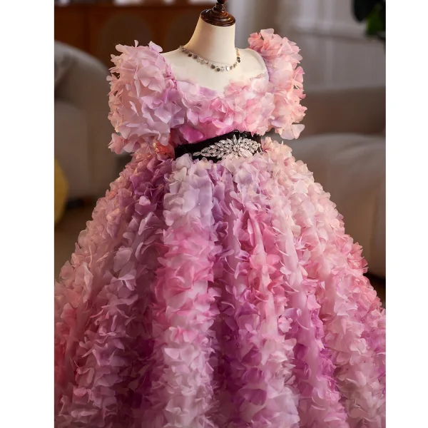Flower Fairy Candy Pink Appliques Rhinestone Birthday Flower Girl Dresses 2025 Ball Gown Square Neckline Short Sleeve Backless Floor-Length / Long