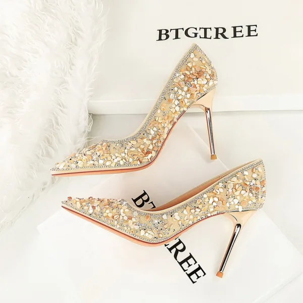 Charmant Rougissant Rose Faux Diamant Paillettes Soirée Escarpins 2026 9 cm Talons Aiguilles À Bout Pointu Escarpins Talons Hauts